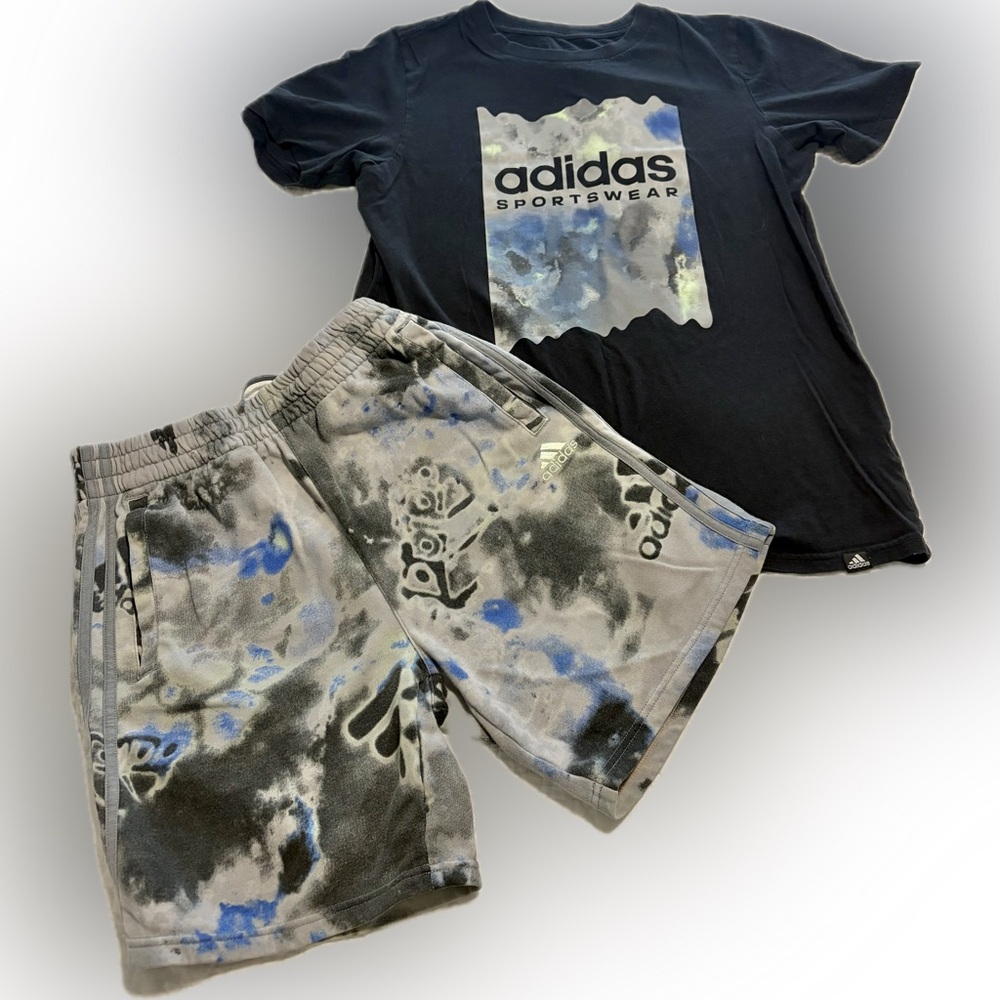 adidas Black Graphic Tee with Gray, Black & Blue Tie-Dye Shorts